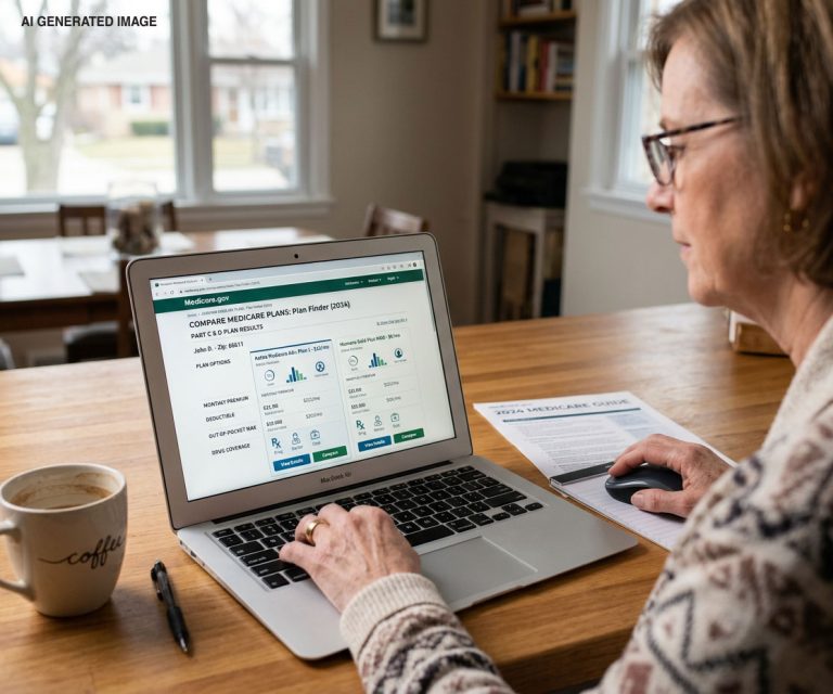 Older woman reviewing Medicare Advantage plan options on a laptop